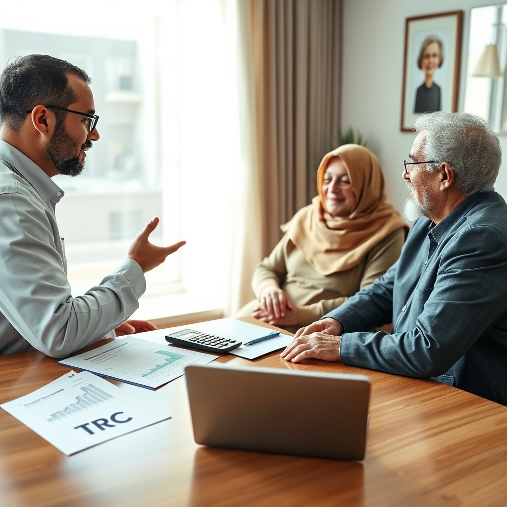 Assurance TRC Maroc : un conseiller présente un contrat de retraite complémentaire à un couple marocain en agence.