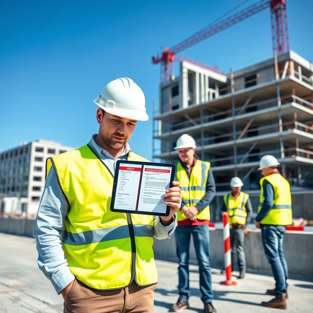Chantier de construction sécurisé avec un responsable examinant une analyse de risques sur tablette, illustrant l'optimisation des coûts d'assurance construction grâce à la prévention.