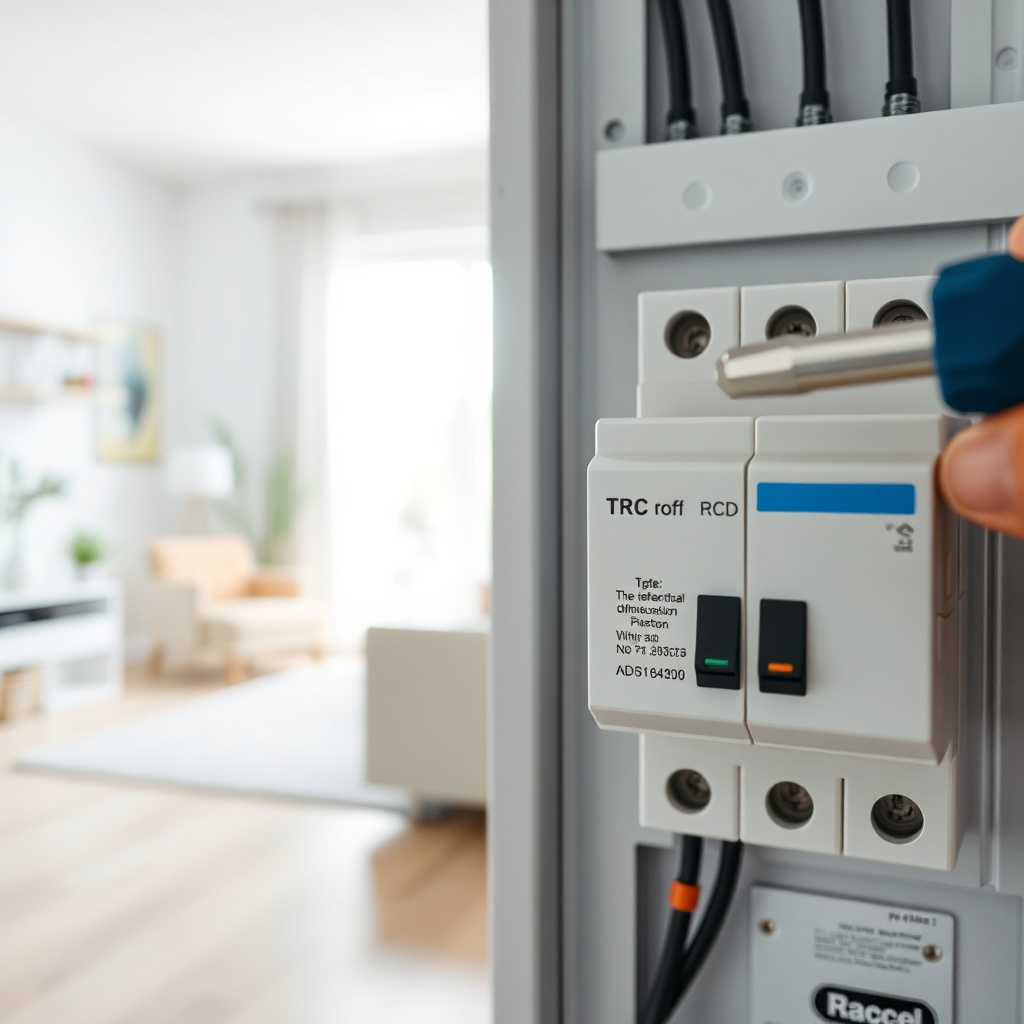 Gros plan sur un tableau électrique avec un interrupteur différentiel TRC et un dispositif RCD côte à côte, montrant la différence entre ces dispositifs de protection.