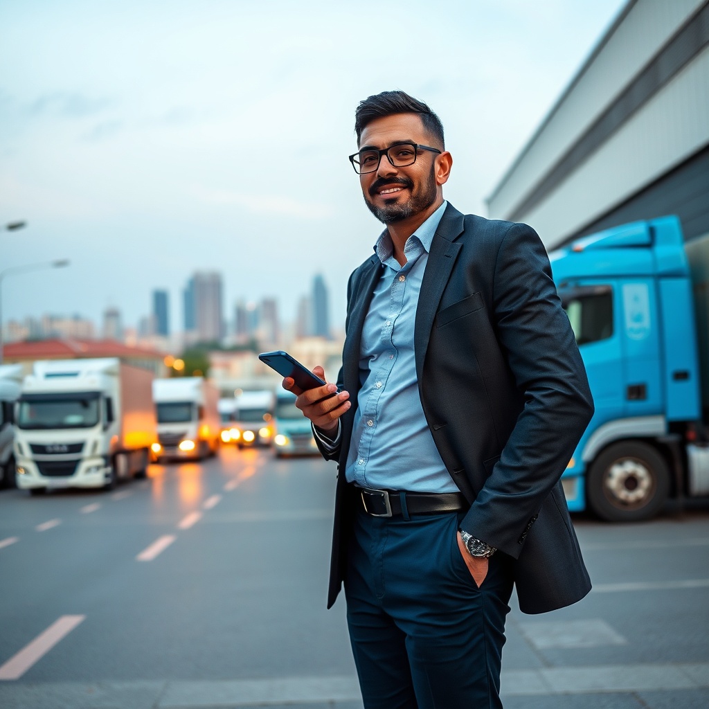 Meilleures assurances TRC pour entrepreneurs à Rabat : un entrepreneur marocain vérifie sa couverture transport routier de marchandises devant sa flotte de camions, avec garantie responsabilité civile transporteur et protection des marchandises.