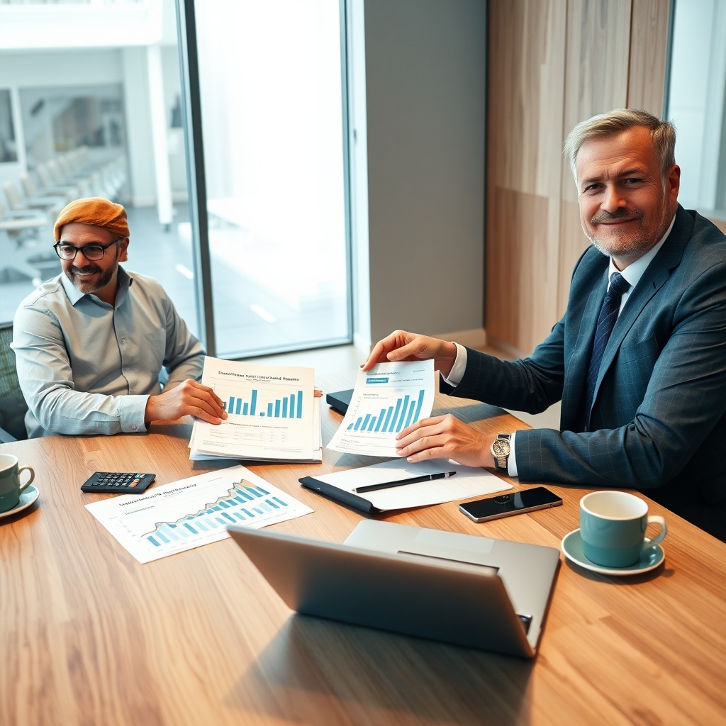 Réunion entre un entrepreneur du BTP et un courtier d'assurance spécialisé pour négocier les primes, une étape clé pour optimiser coûts assurance construction.