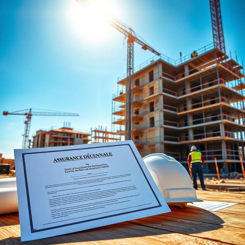 Construction site in Morocco with insurance documents for decennial coverage, protecting buildings against structural defects and water damage