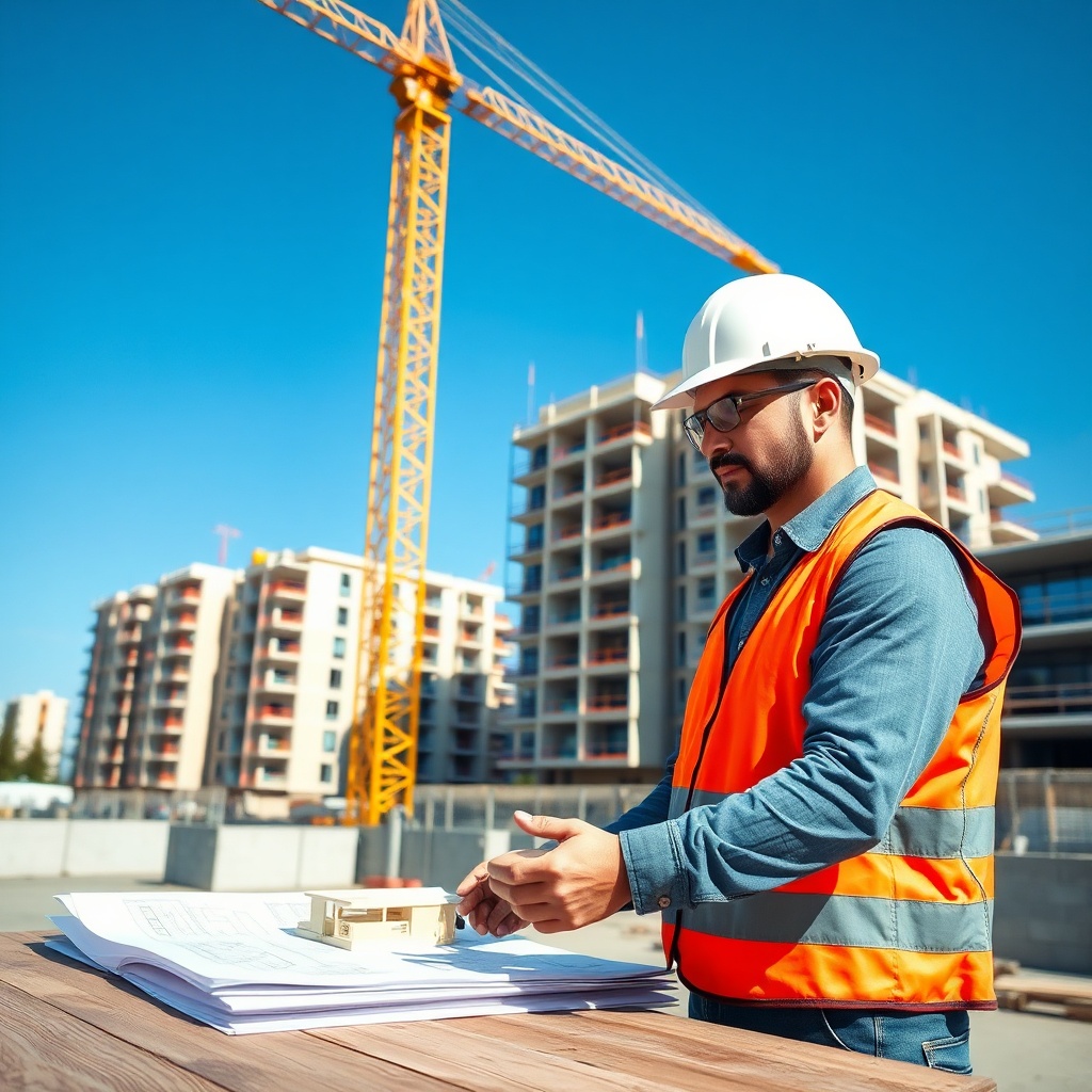 Assurance ouvrage promoteur immobilier sur un chantier de construction résidentiel, avec un chef de chantier examinant les plans et une grue en arrière-plan