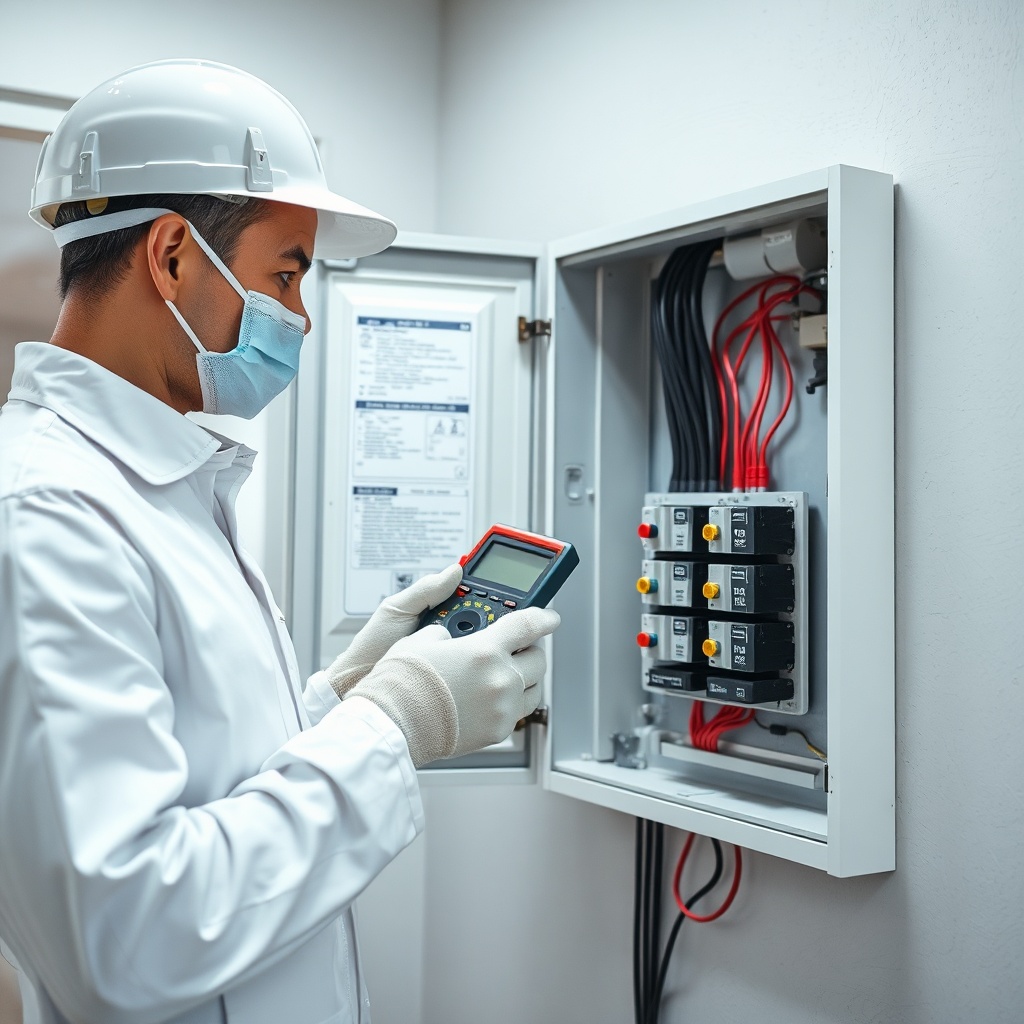 Un électricien professionnel vérifie un tableau électrique moderne avec un interrupteur différentiel, illustrant la différence entre TRC et RCD et les obligations de protection différentielle.