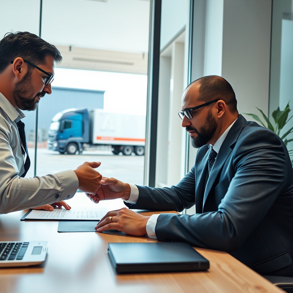 Assurance TRC Rabat pour entrepreneurs : un courtier spécialisé présente les garanties de responsabilité civile transporteur et la protection juridique à un gestionnaire de flotte de transport routier de marchandises.
