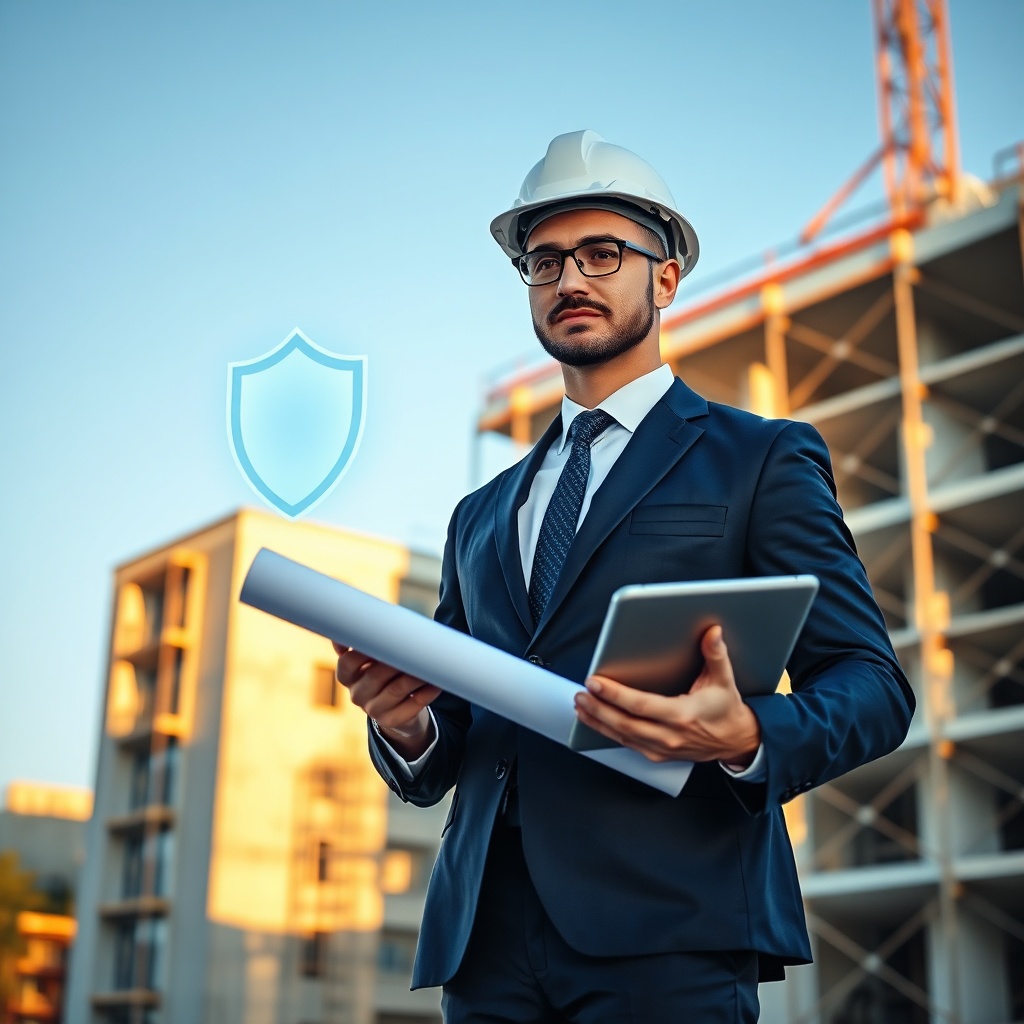Architecte en casque et costume devant un chantier, symbolisant l'assurance décennale architectes et la responsabilité civile professionnelle pour la solidité de l'ouvrage.