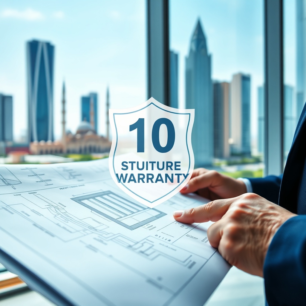 Assurance décennale BTP Casablanca: an architect reviews a building blueprint protected by a ten-year liability shield, with the Casablanca skyline in the background.