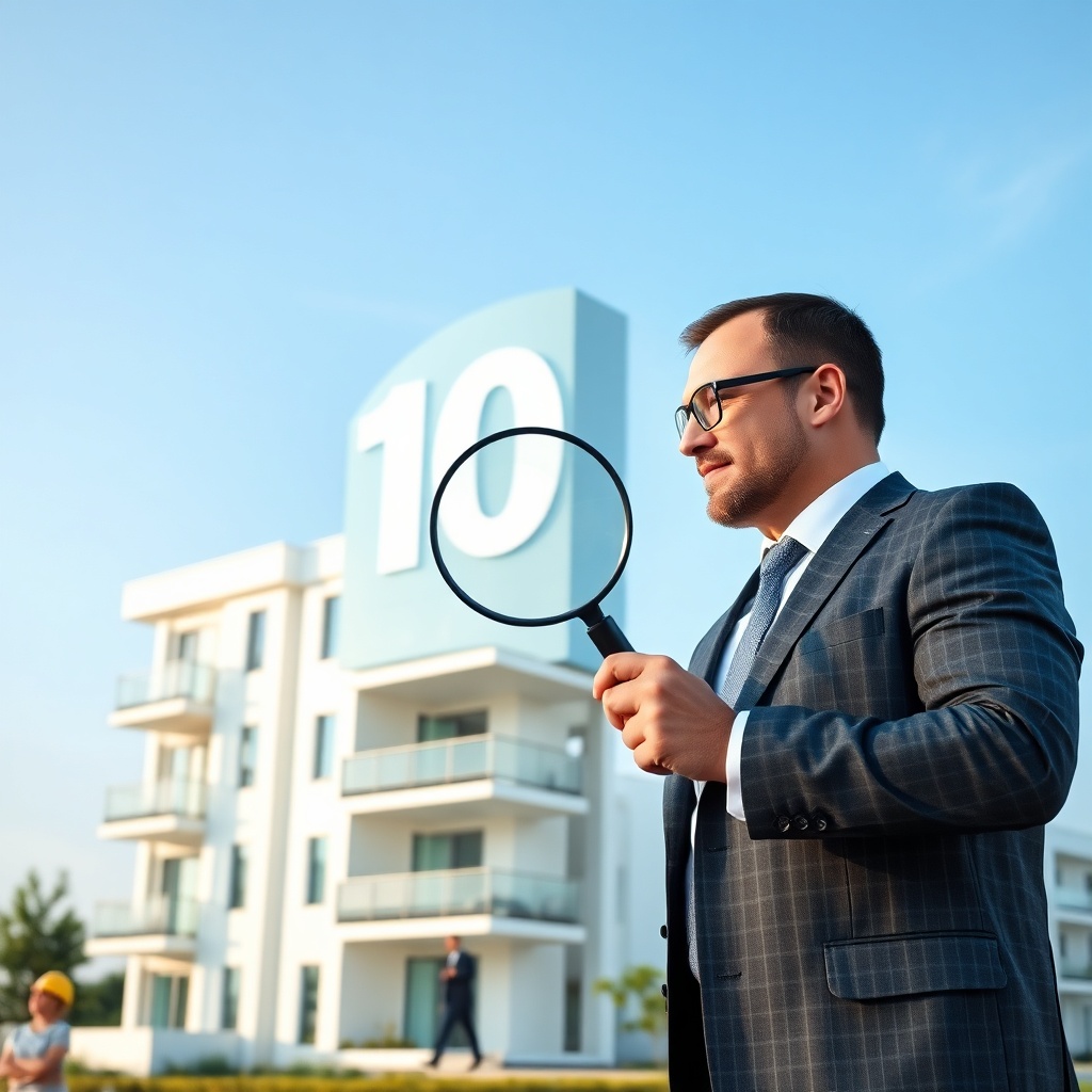 Completed building with a 10-year clock overlay and an inspector, symbolizing the long-term guarantee of assurance TRC et décennale for post-delivery protection.