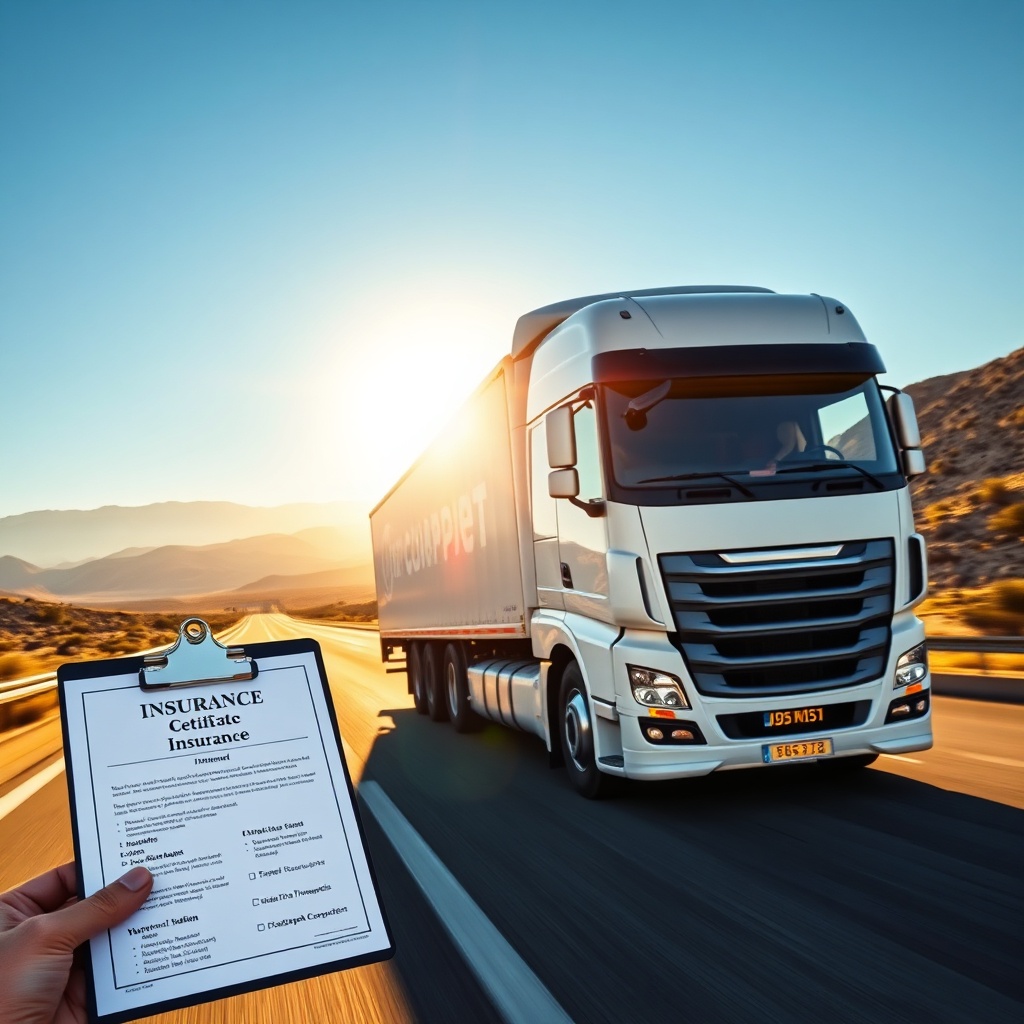 Camion de transport routier de marchandises sur une route marocaine avec un certificat d'assurance TRC obligatoire Maroc, illustrant la couverture de responsabilité civile pour les transporteurs.