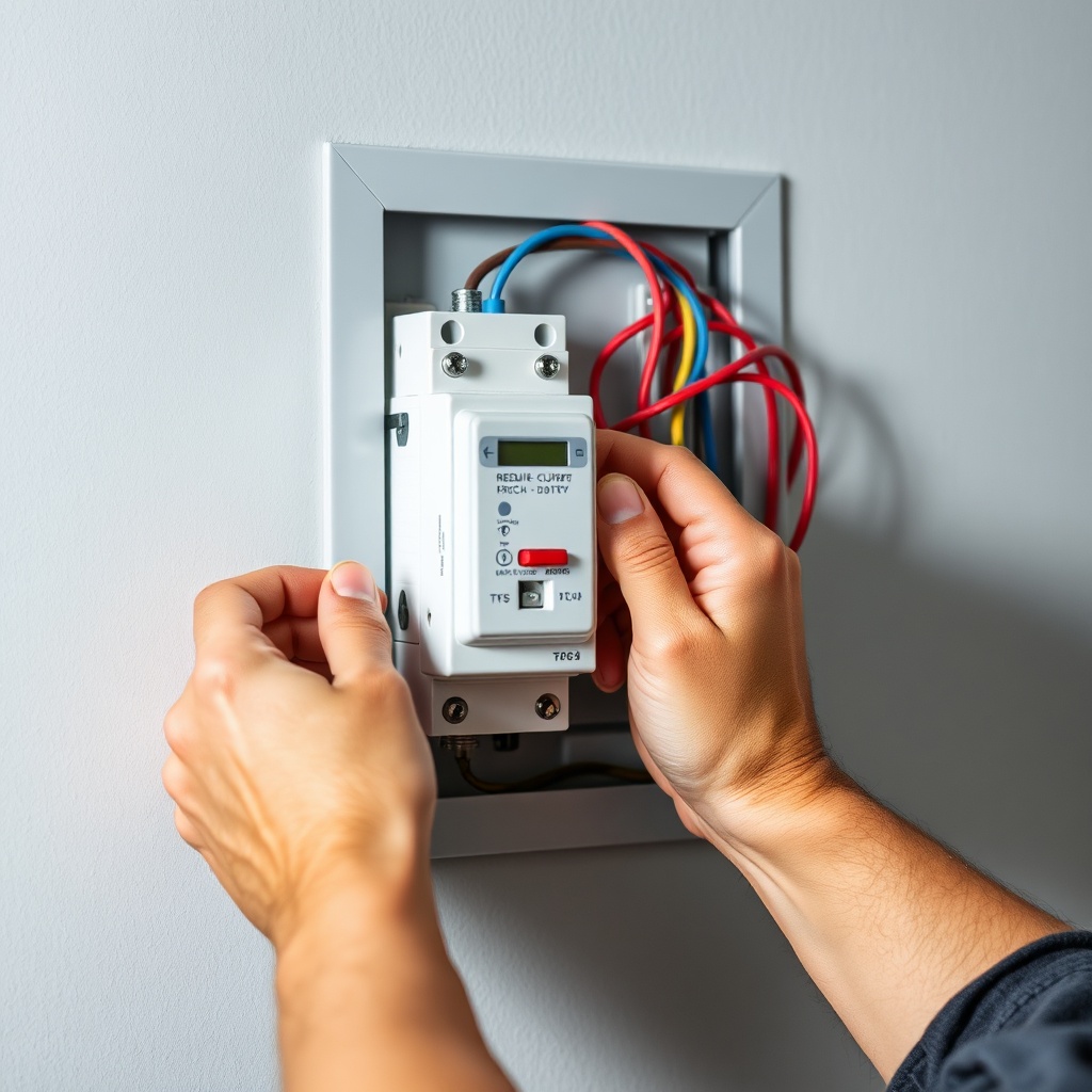 Electrician installing a residual current device (RCD) in an electrical panel, demonstrating the complete protection device that incorporates a TRC sensor, clarifying the TRC vs RCD distinction for circuit safety.