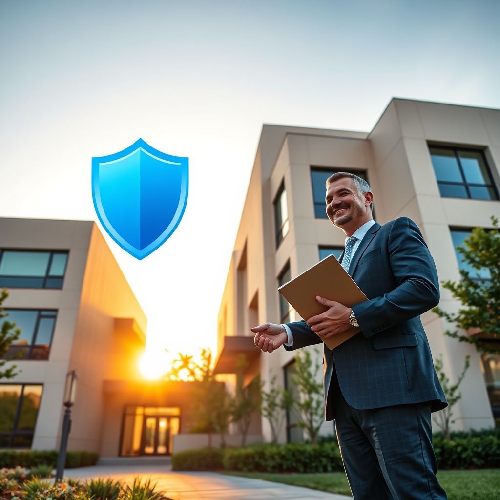 Assurance ouvrage promoteur immobilier : poignée de main entre un promoteur et un assureur devant un immeuble résidentiel neuf, symbolisant la protection décennale