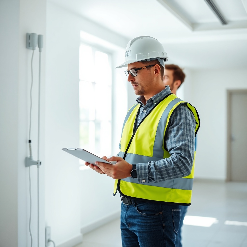 Inspection de réception et de contrôle (RCD) d'un bâtiment neuf par un professionnel avec checklist, garantissant la conformité et la sécurité de la phase de délivrance des travaux, de la TRC à la RCD.