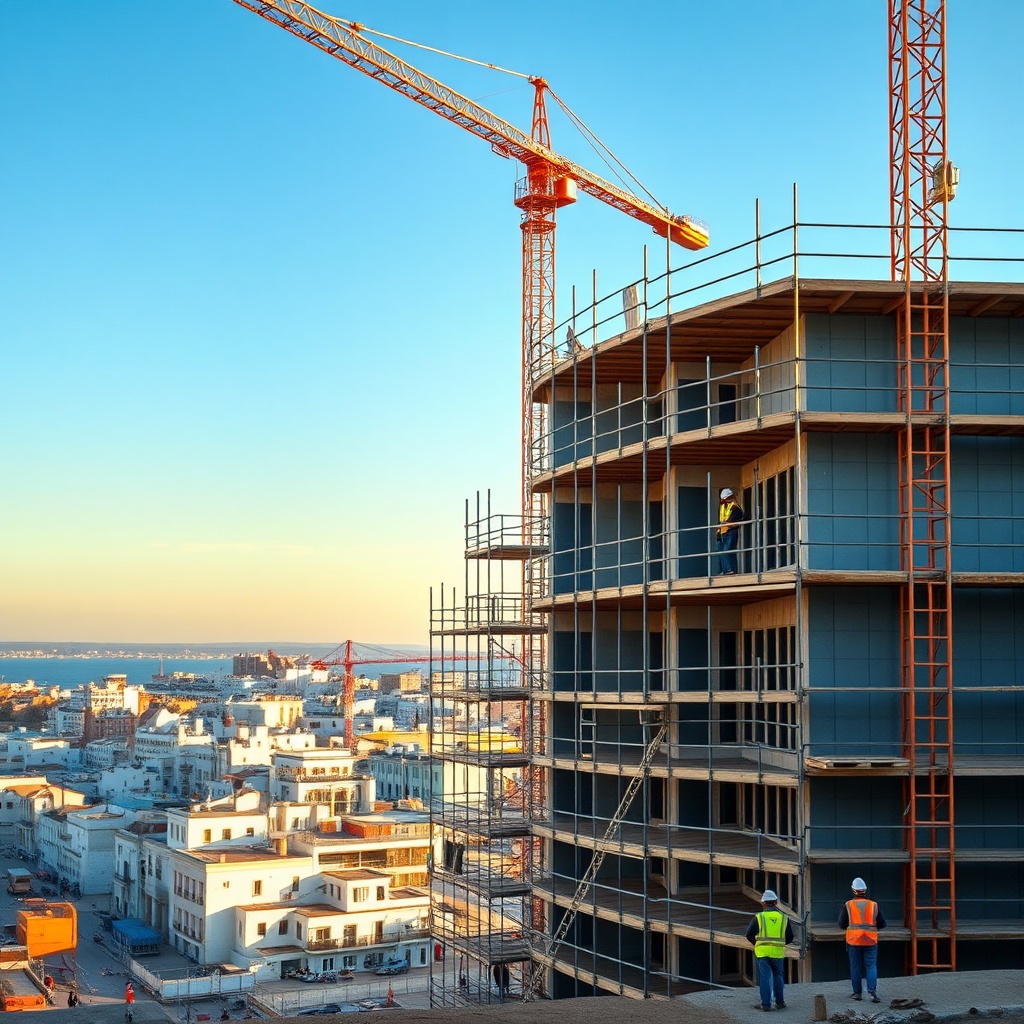 Assurance construction Tanger : chantier de construction moderne à Tanger avec ouvriers, grue et bâtiments en chantier, protégé par les garanties décennale et dommages ouvrage.