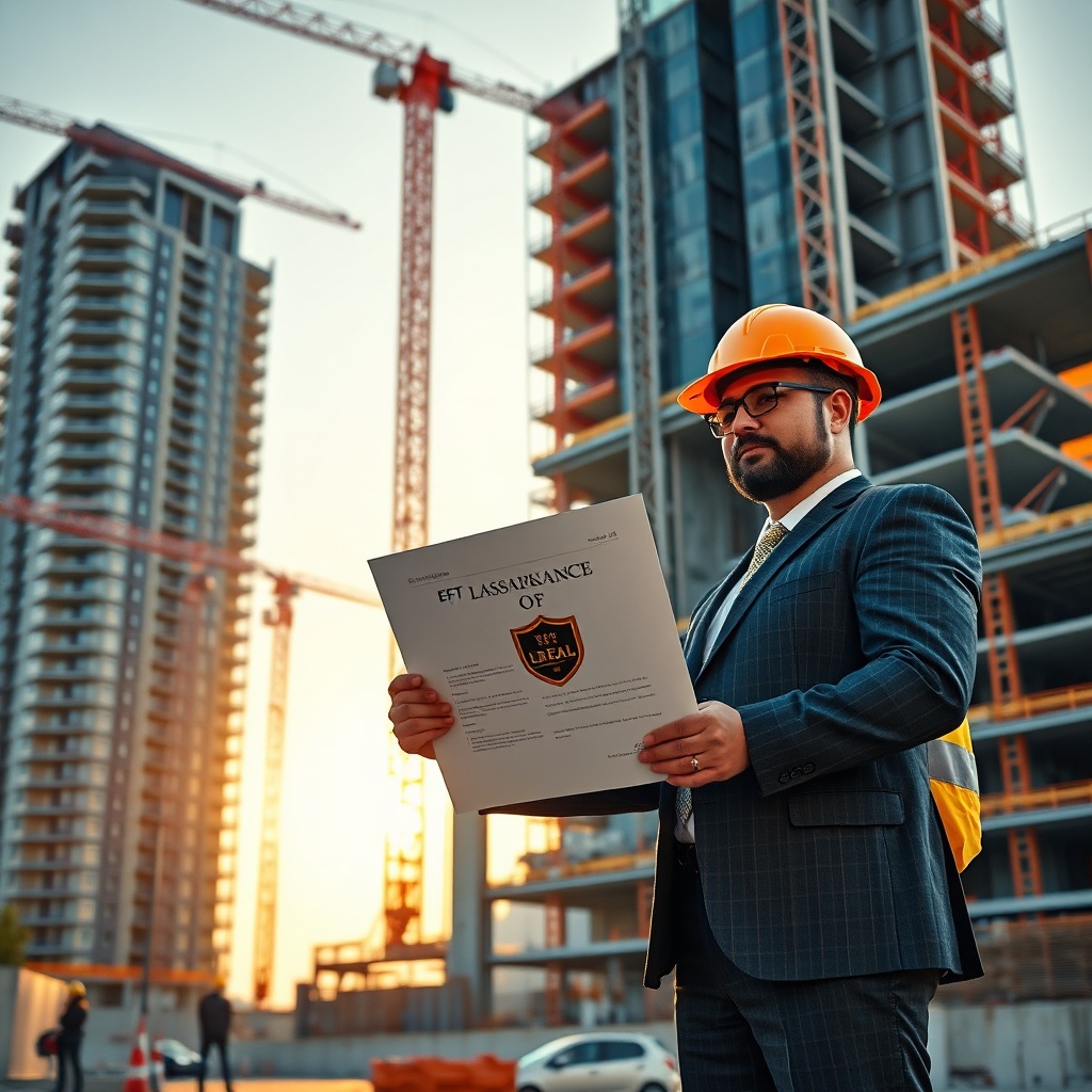 Assurance décennale BTP Casablanca: a construction manager receives a ten-year liability insurance policy at a modern building site in Casablanca, protecting against structural defects.