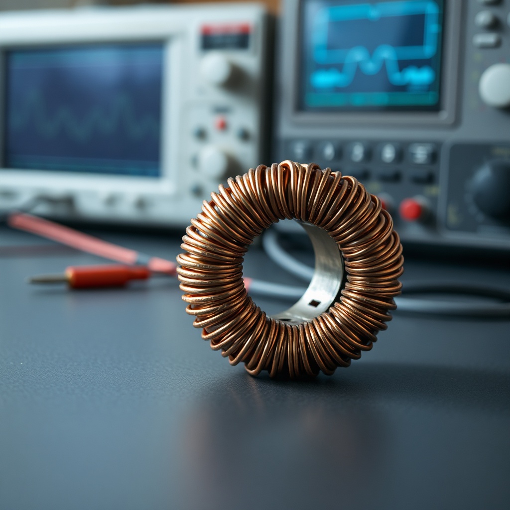 Close-up of a toroidal current transformer (TRC) component used for residual current detection, highlighting its copper windings and magnetic core, illustrating the difference between TRC vs RCD in electrical protection systems.