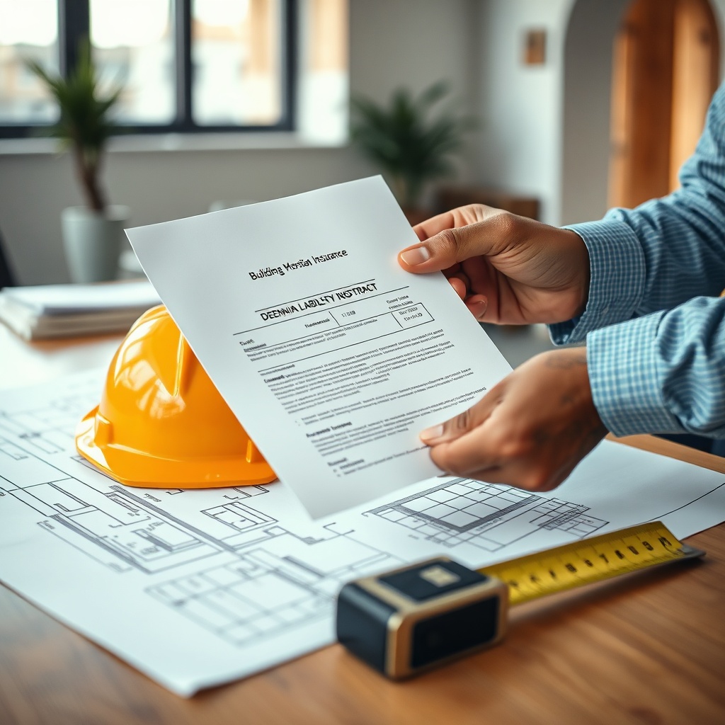 Souscription d'une assurance RCD Maroc entrepreneur par un professionnel du BTP, avec plans et casque de chantier.