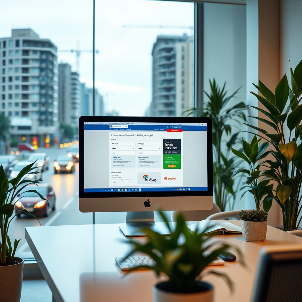 Modern office in Casablanca with online insurance portal and construction sites in the background. Professional atmosphere with plants and modern furniture.