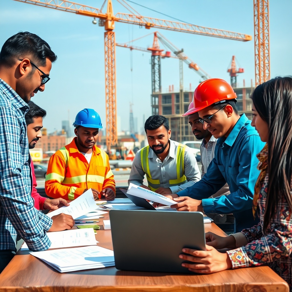 Group of entrepreneurs and workers in Casablanca comparing insurance quotes. Construction site with cranes and workers in the background. Vibrant and energetic scene.