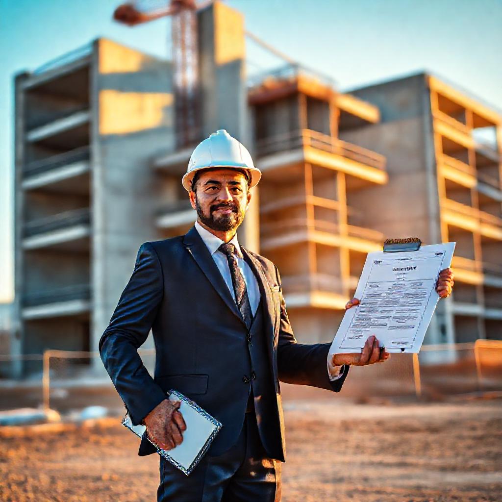 Architecte marocain vérifiant son contrat d'assurance RCD architecte Maroc sur un chantier de construction, avec un bâtiment moderne en arrière-plan.