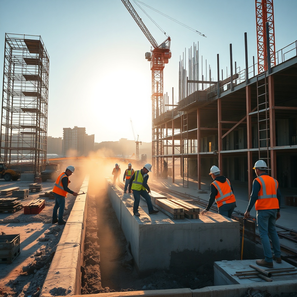 Chantier de construction en pleine phase TRC (Travaux de Rénovation et de Construction) avec ouvriers et équipements de sécurité, illustrant la sécurisation de chaque étape des travaux avant la réception RCD.