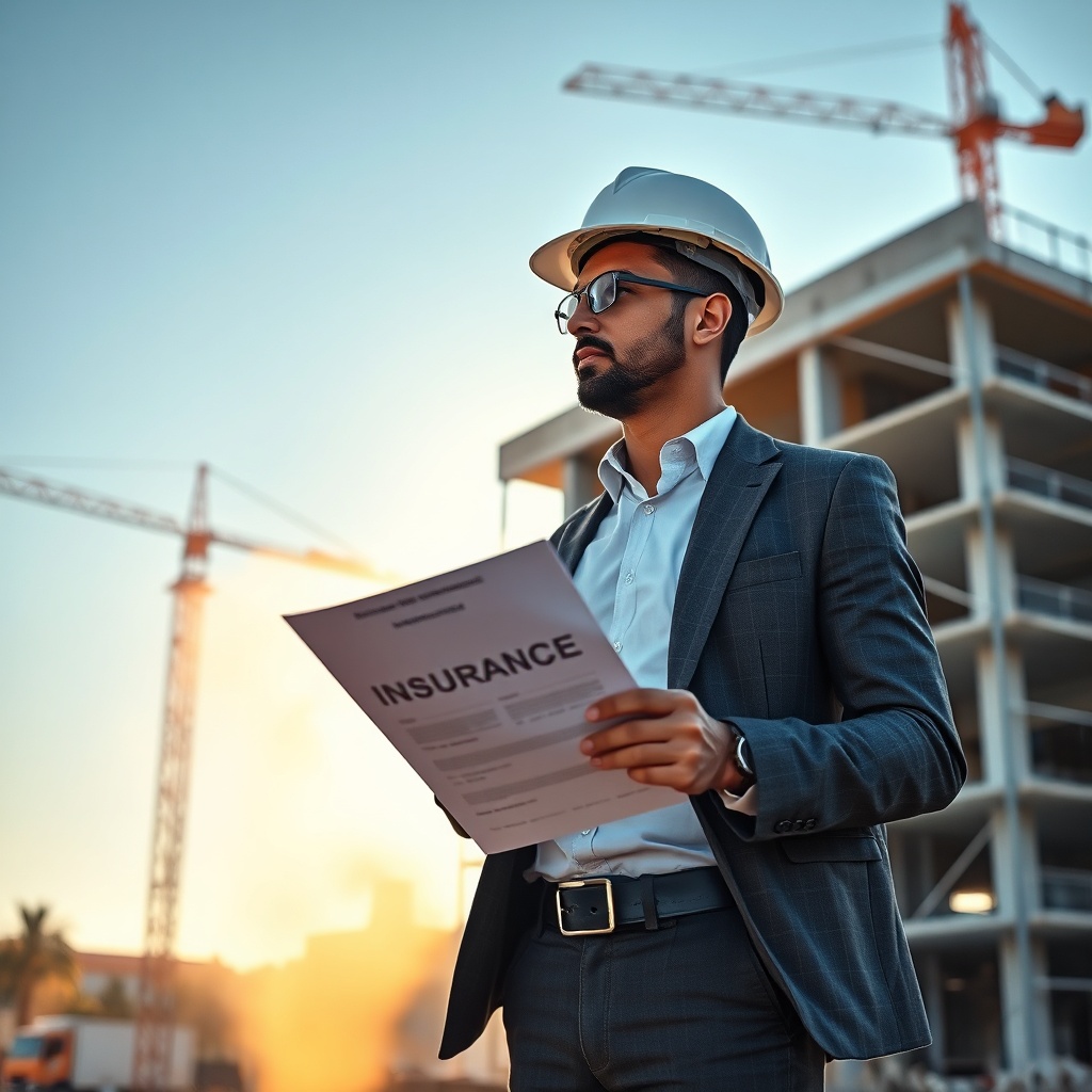 Entrepreneur marocain sur un chantier de construction avec un document d'assurance RCD Maroc entrepreneur, garantissant la solidité de l'ouvrage.