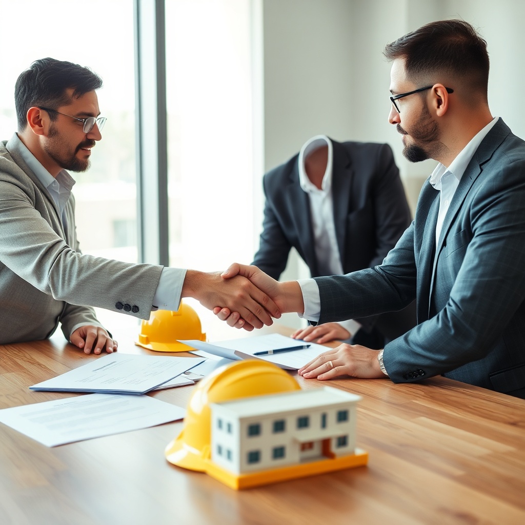 Souscription d'une assurance construction Tanger : conseiller et promoteur immobilier examinant un contrat avec les garanties décennale et responsabilité civile chantier.
