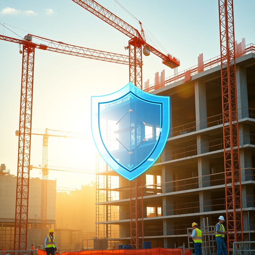 Active construction site with workers and cranes, overlaid by a protective shield icon representing assurance TRC et décennale coverage during building works.
