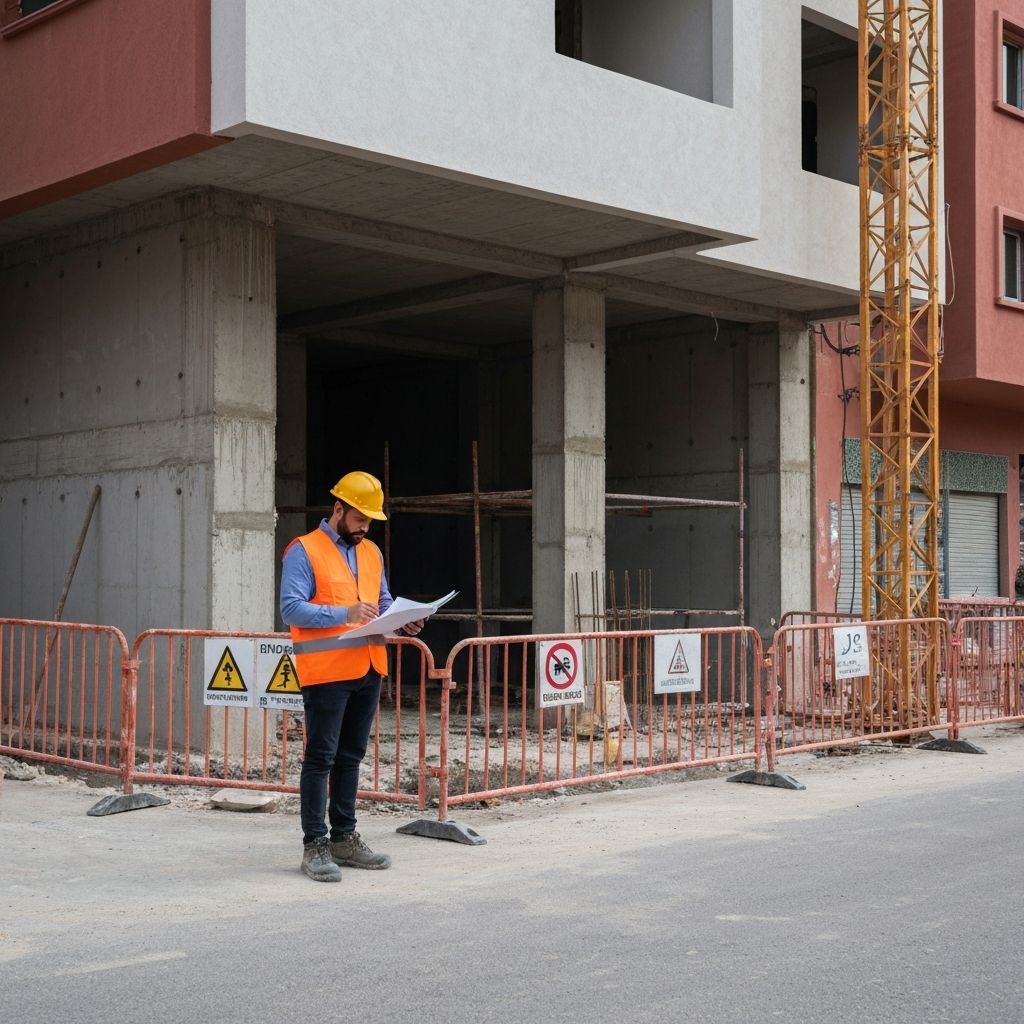 Building facade under construction with safety equipment