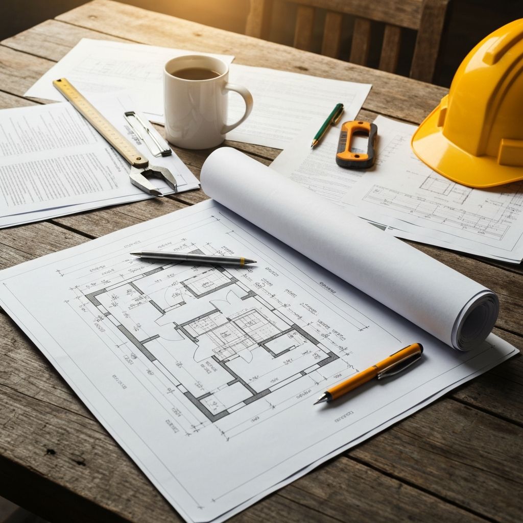 Architectural blueprint with construction planning tools